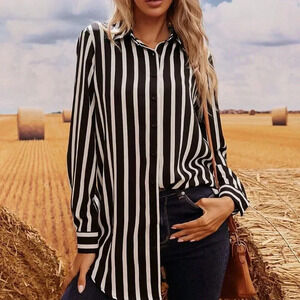 Black and White Casual Women's Striped Button Through Longline Blouse